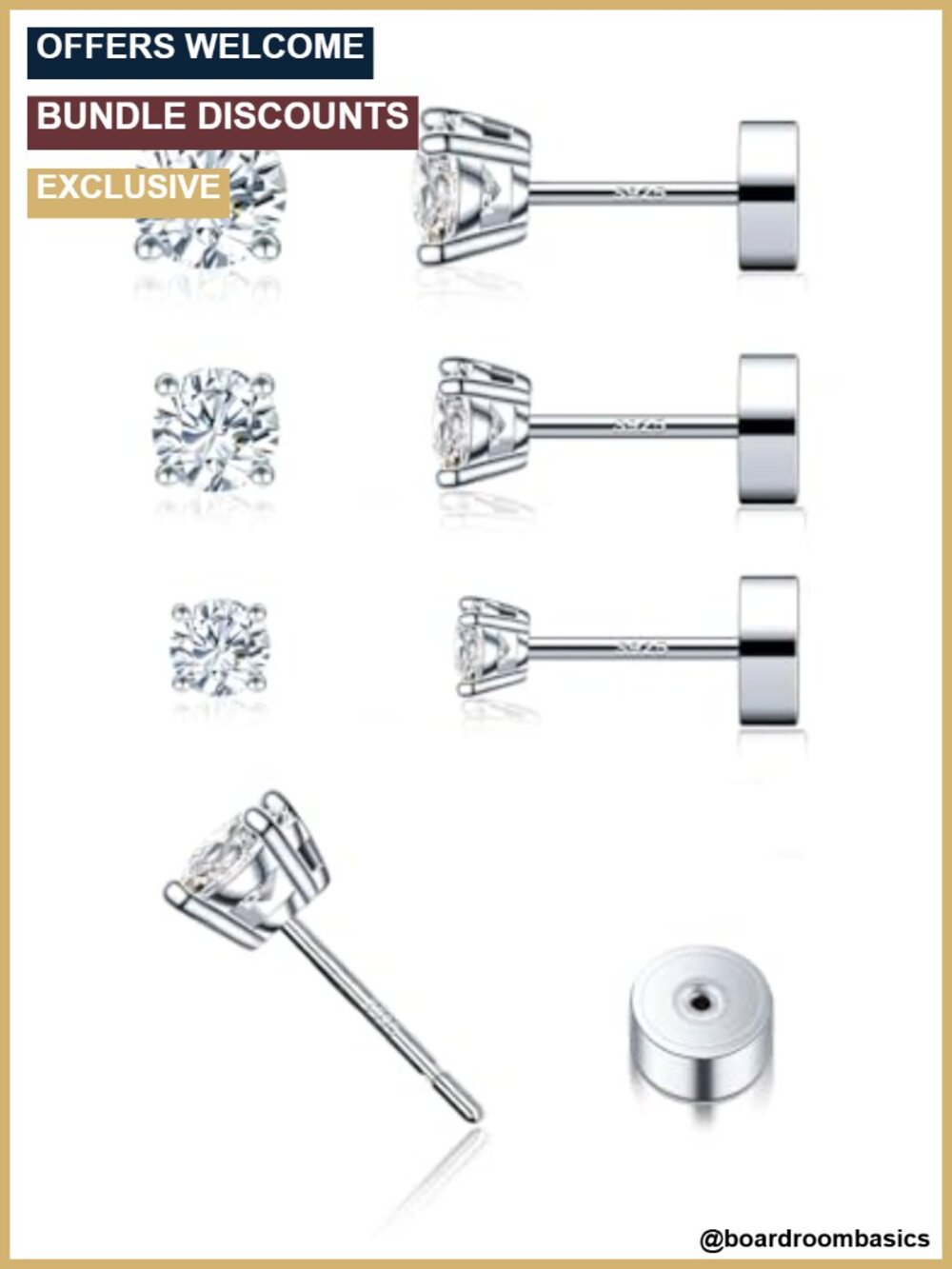 3 Pairs Moissanite Flatback Stud Earrings 925 Sterling Silver 18K White Gold
